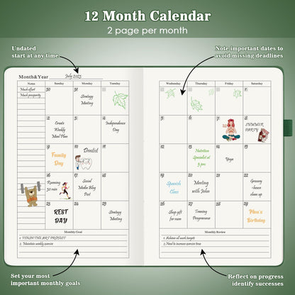 Asten Planner, Undated Daily Planner with To Do List, 365 Days Planner for ADHD, Hourly Planner Notebook for Goal Setting, Productivity Organizer with Calendar, 8.3'' x 5.8''(Green)