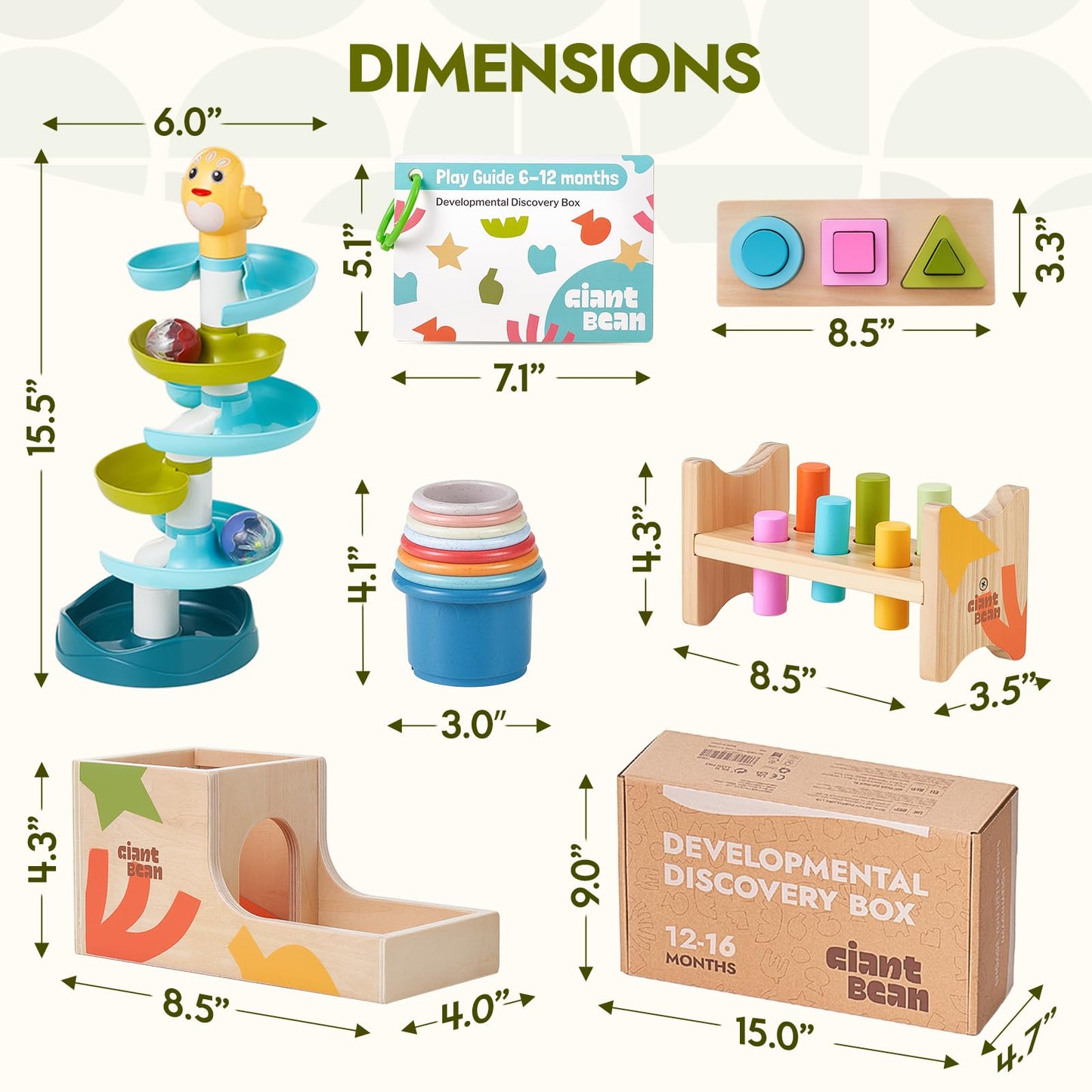 Giant bean 8-in-1 Wooden Montessori Toys Set Learning Toys for Baby 12-18 Month with Object Permanence Box, Senser Ball Roll Tower, Hammer, Fishing Carrot, Shape Sorting Stacking Cup for Kids 1+