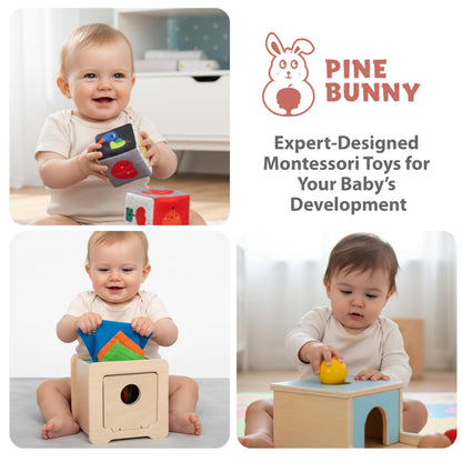 Pine Bunny Montessori Wooden 10-in-1 Toy Set for 7+ Months, Object Permanence Box, Egg and Cup, Tissue Box, Fabric Blocks, Scarf, Educational Learning Sensory Development Fine Motor Skills Baby Toys