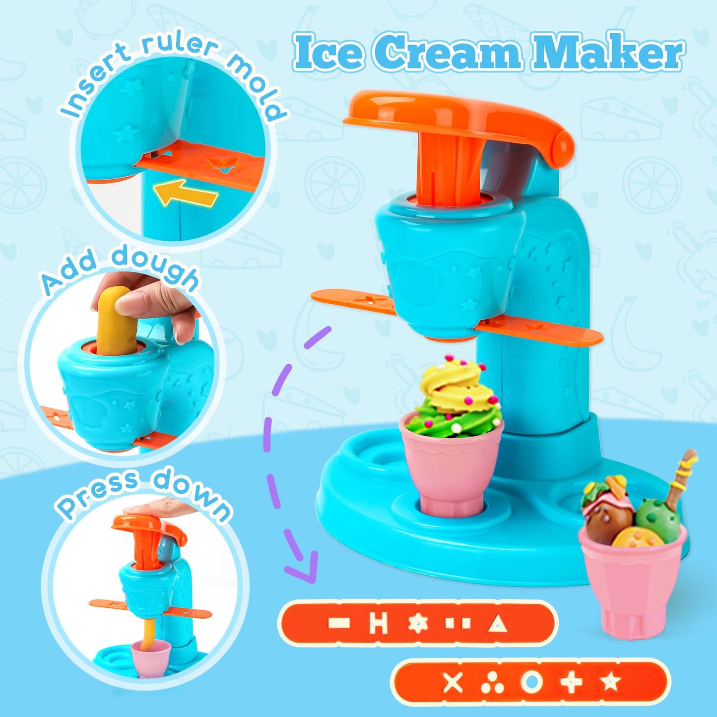 SOCBTNSO 3 in 1 Dough Sets 59 PCS for Kids Ages 4-8, Dough Tools Kit with Ice Cream Noodle Hamburger Maker Machine, Kitchen Creations Art Crafts Food Play Toys for Boys Girls Kids Toddlers Ages 3+