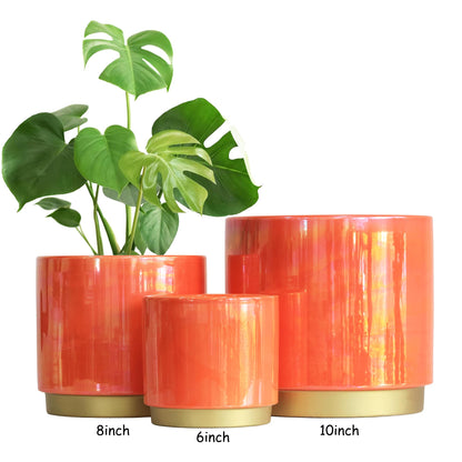 Gepege Peach Indoor Plant Pots for Plants, Large Ceramic Planter with Drainage Hole, 9.6-inch Succulent Orchid Flower Pot - Rainbow Pearl Glaze