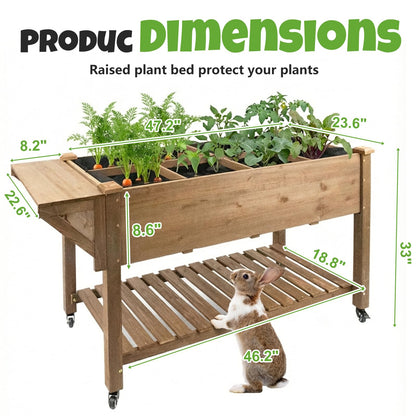 33"H Raised Garden Bed with Wheels, Ergonomic Elevated Wood Planter Box with Shelves and Root Drainage, Upgraded Metal W-Shaped Sturdy, Ideal for Vegetable Herb Flower, Backyard Balcony Patio