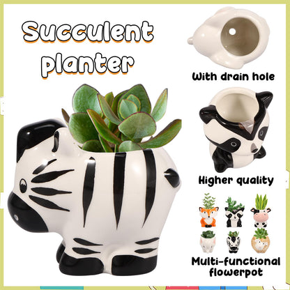 KTZCTPCA 6Pcs Animal Ceramics Planter, 3" Cartoon Ceramic Succulent Pots with Drain Holes and Bamboo Tray, Ceramics Planter Cute Animal Ceramic Succulent Pots Flower Container for Succulents, Herbs