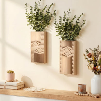 Ninehaoou 2 Pack Modern Farmhouse Wall Decor Wood Planter Vase with Artificial Eucalyptus Farmhouse Bohemian Hanging Wall Decor for Bathroom Dinning Room Living Room Hallway Bedroom(Brown)