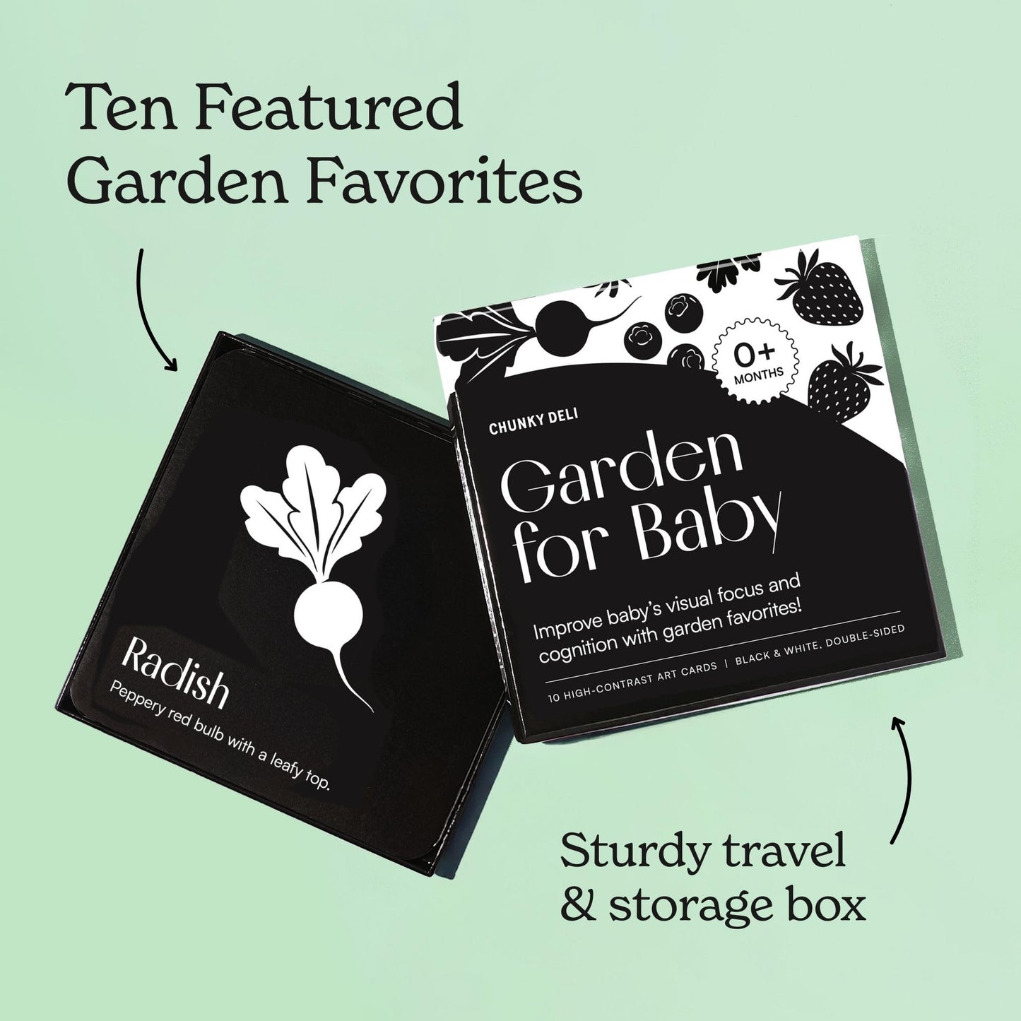 Garden for Baby Black and White Cards by Chunky Deli | High Contrast Sensory Toy for Newborn Visual Stimulation & Tummy Time | 10 Laminated Infant Learning Cards | Unique Foodie