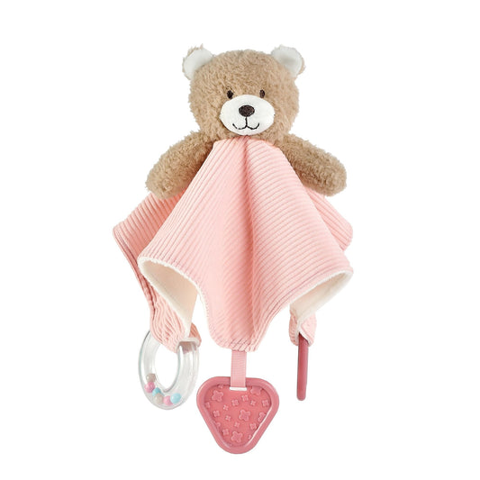 CREVENT 3-in-1 Baby Lovey Blanket with Teether & Rattle | Plush Chewable Animal Head Security Blanket, Birthday Gift - Pink Bear
