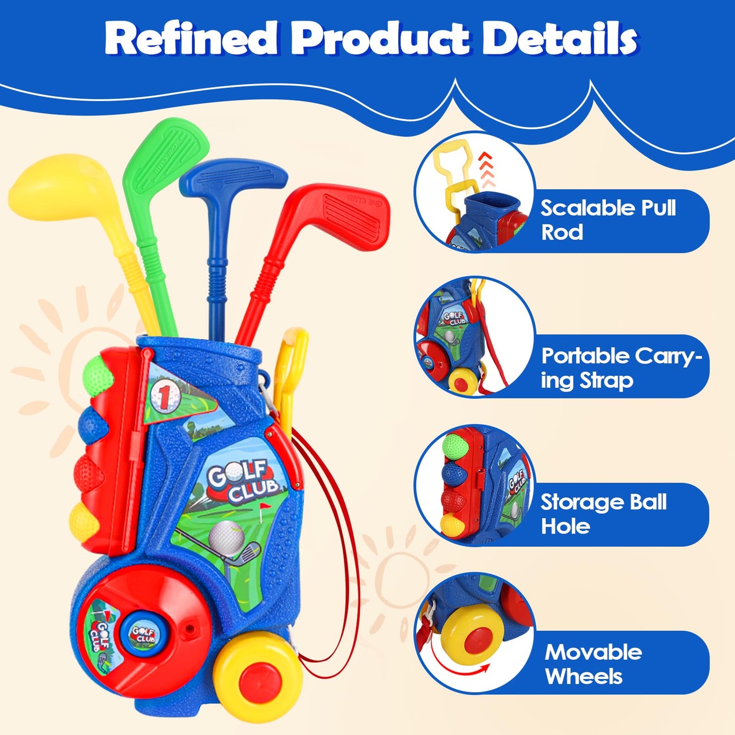 SUPER JOY Toddler Golf Set, Kids Golf Cart with 4 Clubs & 8 Balls, Indoor Outdoor Kid Golf Clubs for 3-5 Boys Girls, Mini Golf Birthday Gifts for Baby 3-5 Years Old