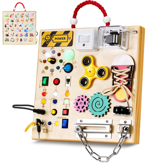 Montessori Wooden Busy Board Toys for 1 2 3 Boys Girls,Toddler Sensory Educational Fidget Board Travel Toy with LED Light Up Switches & Music Boxes, Locks for Kids Gifts