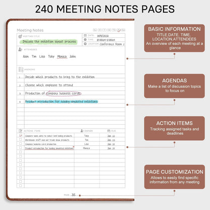 EMSHOI Meeting Notebook for Work with Sticky Tabs - 240 Pages, A4 Size Project Planner, PU Leather Meeting Agenda/Minutes Organizer for Women Men, Note Taking, Office & Business, 8.3"x11.7", Coffee
