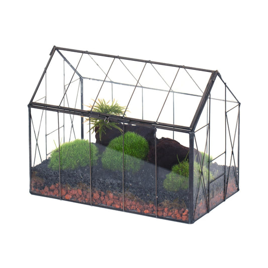 NCYP Geometric Glass Terrarium with Lid for Succulent, Small Cactus - Handmade Clear Closed House Shape Box - Home Indoor Tabletop Garden Decor, Black 9.4" x 5.5" x 7.3" (No Plants)