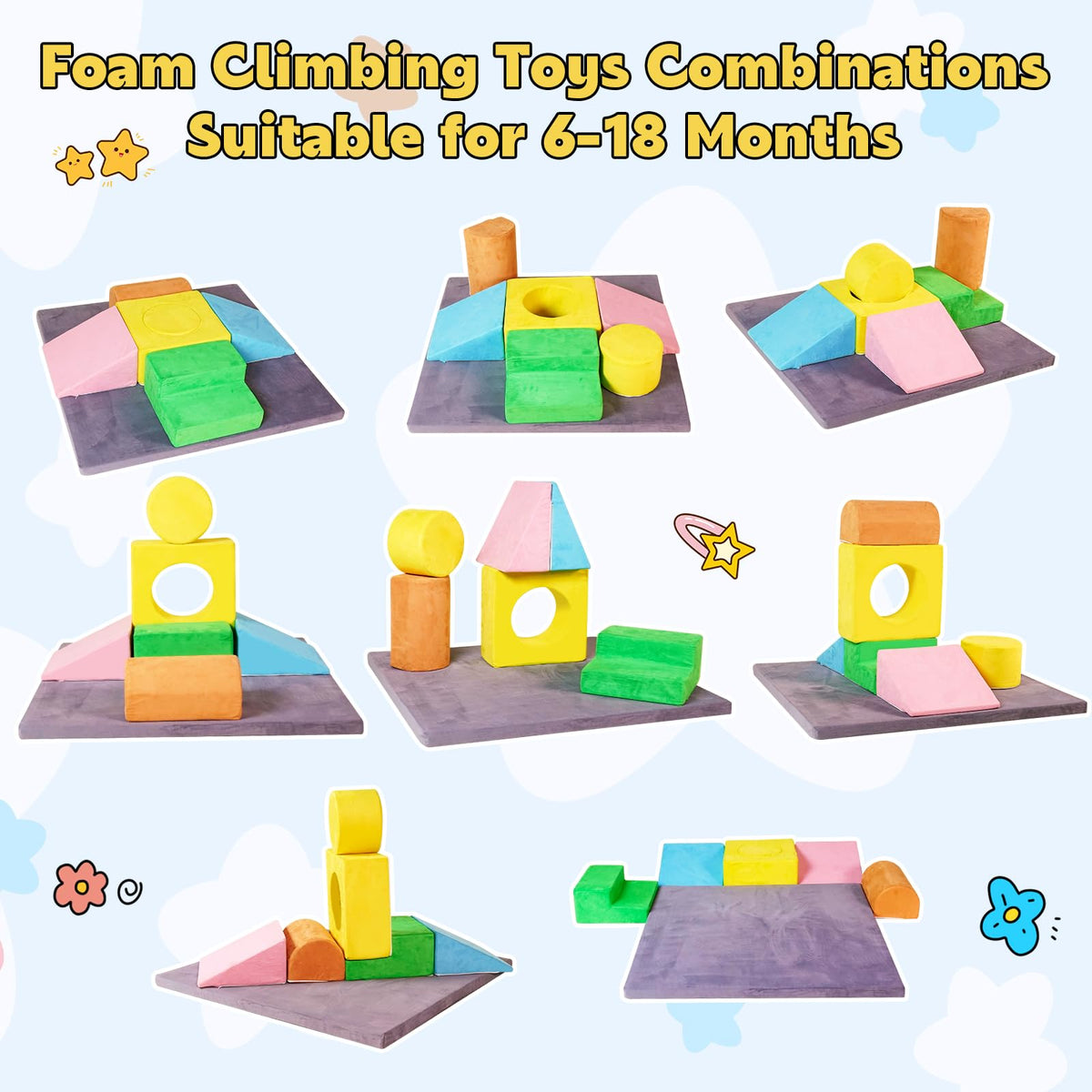 HAHASOLE 7-Piece Foam Climbing Blocks for Toddlers, Toddler Climbing Toys Indoor, Climb and Crawl Soft Foam Play Set with 47x47, 1.5" Thick Baby Play Mat for Floor, Removable & Machine-Washable Cover