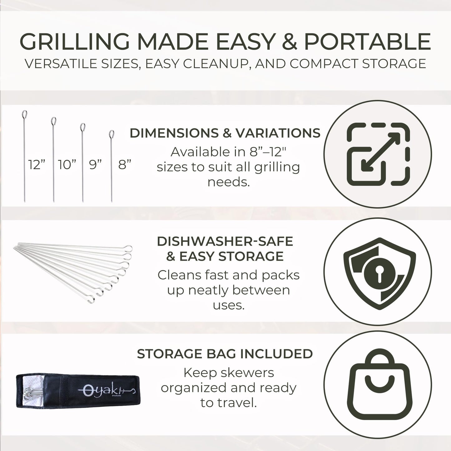 O-Yaki Flat Metal Kabob Skewer for Grilling – Set of 8 BBQ Skewers Stainless Steel with Storage Bag, Dishwasher Safe Skewers with Hook Handle & Sharp Tip for BBQ, Cookouts & Oven Use – 12 Inch