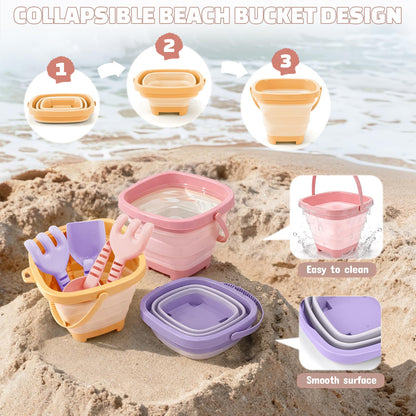 3 Pack Beach Toys Set for Kids Toddlers Girls, Collapsible Sand Buckets with Beach Molds and Mesh Bag, Sandbox Travel Toys Beach Vacation Essentials, Camping Gear, Fishing (Purple/Pink/Yellow)