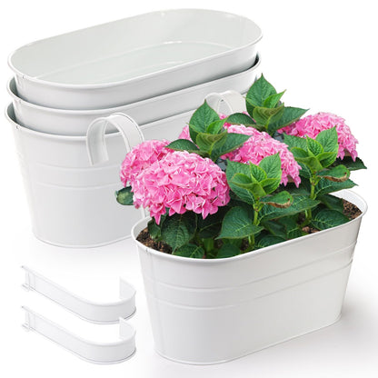 Foraineam 4 Pack Hanging Flower Pots, Metal Iron Plant Pot Holders, Large Fence Railing Balcony Garden Hanging Bucket Planters with Detachable Hooks for Indoor and Outdoor Decor