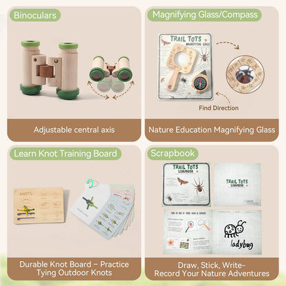 Kids Outdoor Explorer Kit Ages 4–8, Wooden Binoculars, Compass and Knot-Tying Board, Nature STEM Learning & Camping Toy Birthday Gift for Boys and Girls