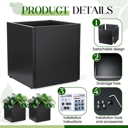 RimCereal 2 Pcs Extra Large Black Square Planter Box Outdoor 17" L x 17" W x 18" H Heavy Galvanized Steel Planters with Drainage Holes Divider for Patio Porch Tall Plants