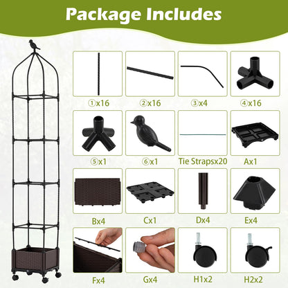 HAPPYGRILL Raised Garden Bed with Trellis, Self-Watering Tomato Cages, 83” 67” 51” Adjustable Height, Indoor Outdoor Obelisk Planter Box w/Trellis & Wheels for Climbing Plants Vines Fruits (2)