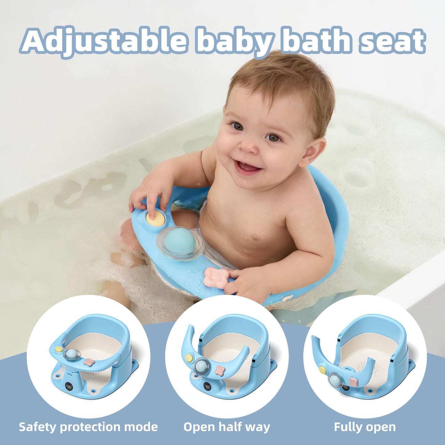 Baby Bath Seat for Babies 6 Months & up with Thermometer, Non-Slip Toddler Bath Seats for Sitting Up, Safe Infant & Newborn Bathtub Chair with 4 Suction Cups, Soft Cushion & Temperature Display, Blue