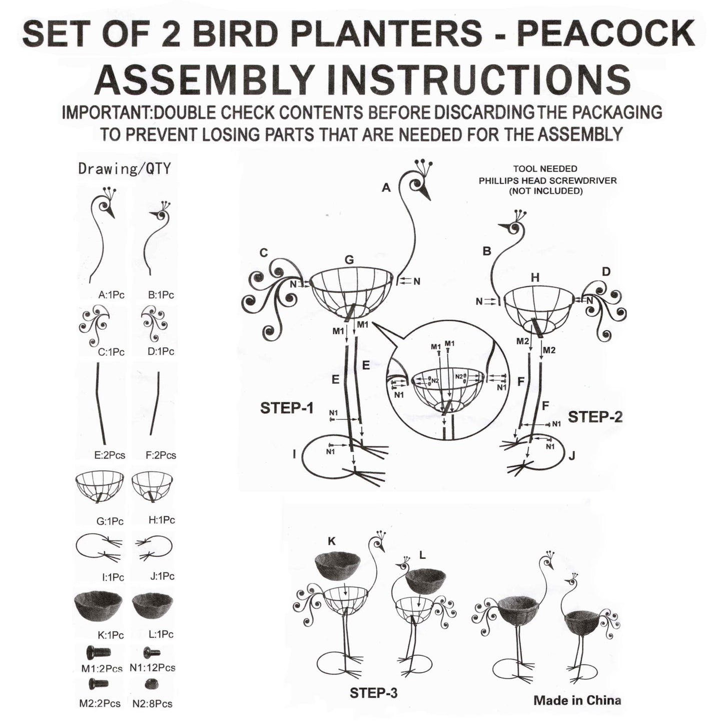 COOZZYHOUR Metal Peacock Planter with Fiber Basket -Garden Bird Planters for Outdoor Indoor Lawn,Yard,Porch,Patio, Garden Decorations（Set of 2）