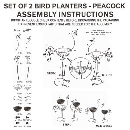 COOZZYHOUR Metal Peacock Planter with Fiber Basket -Garden Bird Planters for Outdoor Indoor Lawn,Yard,Porch,Patio, Garden Decorations（Set of 2）