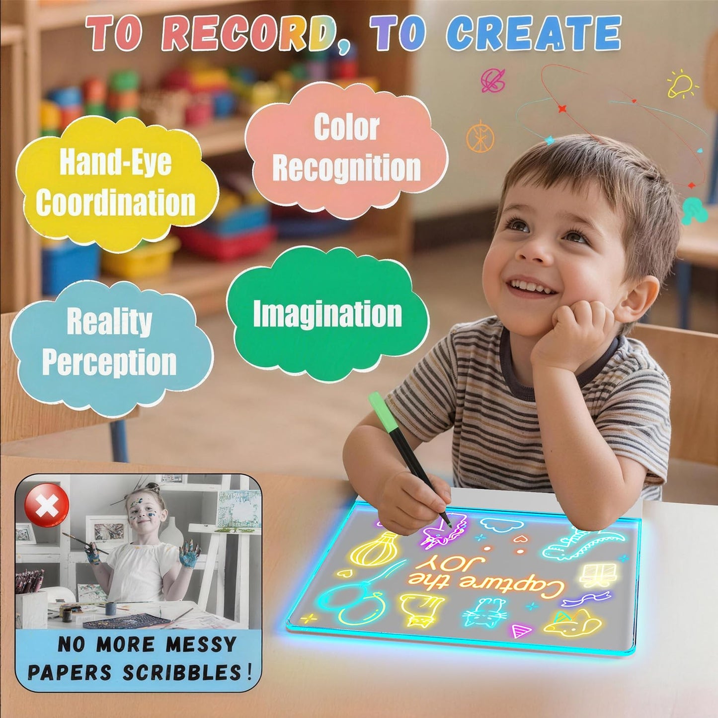 16" Led Drawing Board for Kids Rechargeable, Portable Doodle Glow LED Note Board with 7 Colors, Light Up Acrylic Dry Erase Lumi Board with Stand, Easter Gifts Teen Gifts Boys & Birthday Gifts(Blue)