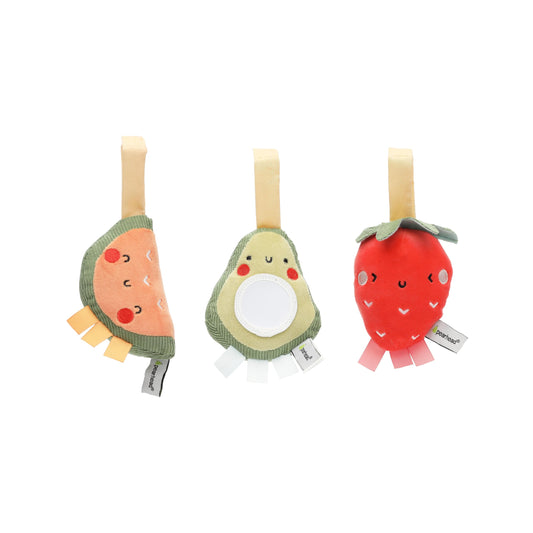 Pearhead Fruit Stroller Toys, Stocking Stuffers for Babies, Newborn Ideas, Plush Interactive Toy Set for Baby Car Seat with Hanging Mirror, Strawberry Avocado Watermelon, Set of 3