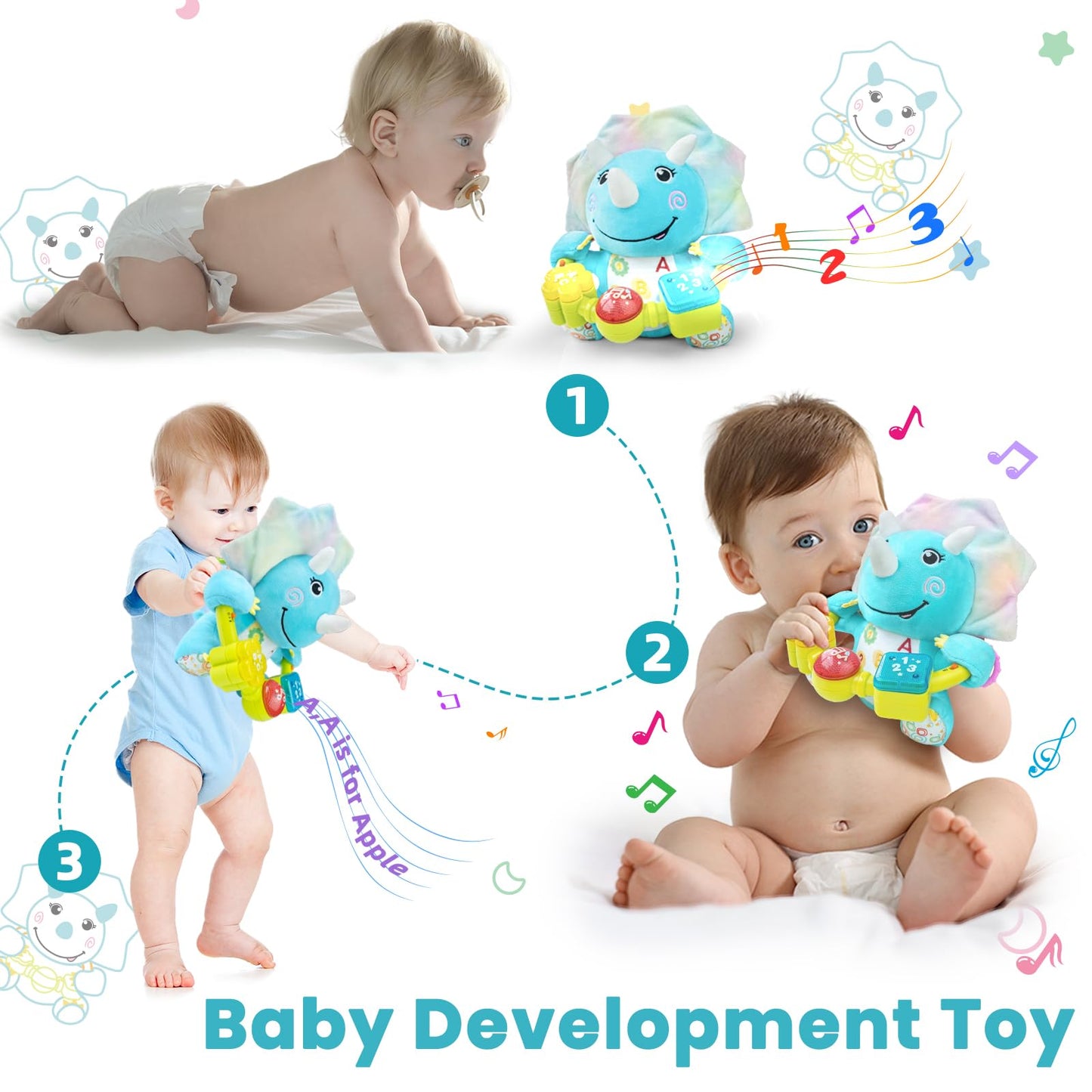 Holaxander Baby Dino Musical Stuffed Animals Toy with Light-Up Music & Crinkle Sound Paper,Infant Bilingual Early Learning Education Toys,Tummy Time Toys for 0-3-6-12+ Months Boy Girl