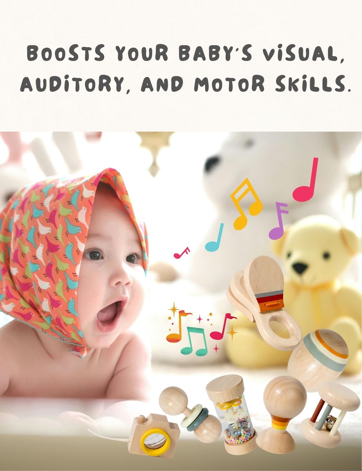7 PCS Wooden Baby Toys Set - Organic Infant Rattles Newborns 0-6 Month & Montessori-Inspired Musical Instruments for 0-12 Month - Natural Toddler Developmental Toys