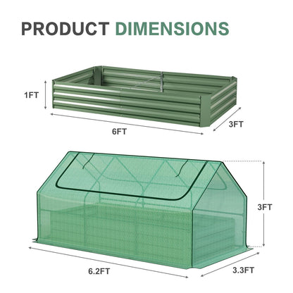 Aoodor 6 x 3 x 3 ft Raised Garden Bed with Mini Greenhouse Kit, Metal Planter Box with 2 Roll-Up Zipper Doors for Vegetables, Herbs, and Flowers