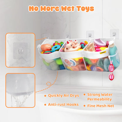 Bath Toy Organizer 3 Compartment Bath Toy Storage Bag Shower Caddy Quick Access Bathtub Toys Holder Baby Shower Games Tub Quick Dry Baby Bathroom Toys Storage Accessory White