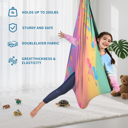 OUTREE Sensory Swing for Kids, Double Layer Therapy Hammock, Indoor Swing with 360° Swivel Hanger Kit and Adjustable Straps, Autism Sensory Product for Autism, ADHD (Unicorn Printed)