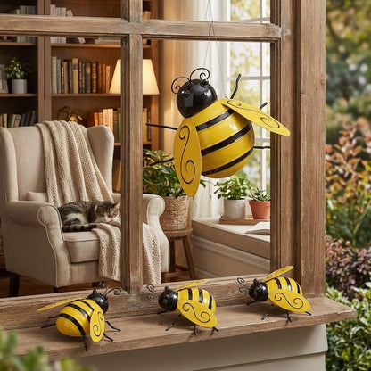 Yungeln Metal Wall Art, 4PCS Metal Bumble Bee Wall Decor, 3D Iron Bee Art Sculpture Hanging Wall Decorations for Outdoor Home Garden