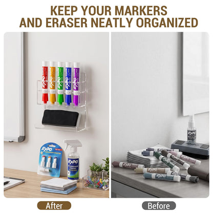MyGift Wall Mounted Clear Acrylic Dry Erase Marker Holder Organizer for 5 Markers and Eraser, Hanging Whiteboard Accessories Rack for Office Home Dorm Classroom Meeting Room