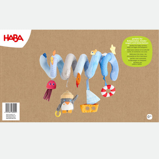 HABA Penguin Activity Spiral Car Seat Toy & Stroller Toy for Babies 0-18 Months, Soft Plush Baby Travel Gear with Crinkle, Rattle & Detachable Penguin