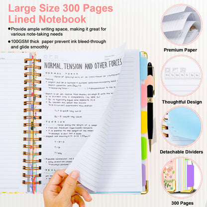 Spiral Journal Notebooks for Work, 300 Pages 5 Subject Notebook College Ruled with Dividers & Tabs, 8''x 10'' Large Notebook Journal for Women Students Note-Taking and Organizer (Beige Bloom)