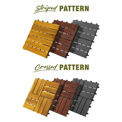 GREEN ALLUVIUM Premium Acacia Wood Interlocking Deck Tiles, 9 PCS 12"x12"x0.9" Floor Tiles, Waterproof Wood Flooring for Backyard & Outdoor Patio Decor, All Weather Use (Golden Teak – Striped Pattern)