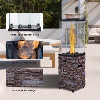 Outdoor Patio Propane Fire Heater with Weather Cover Glass 41000 BTU Fireplace Patented & CSA Certificated, Stackstone Brown