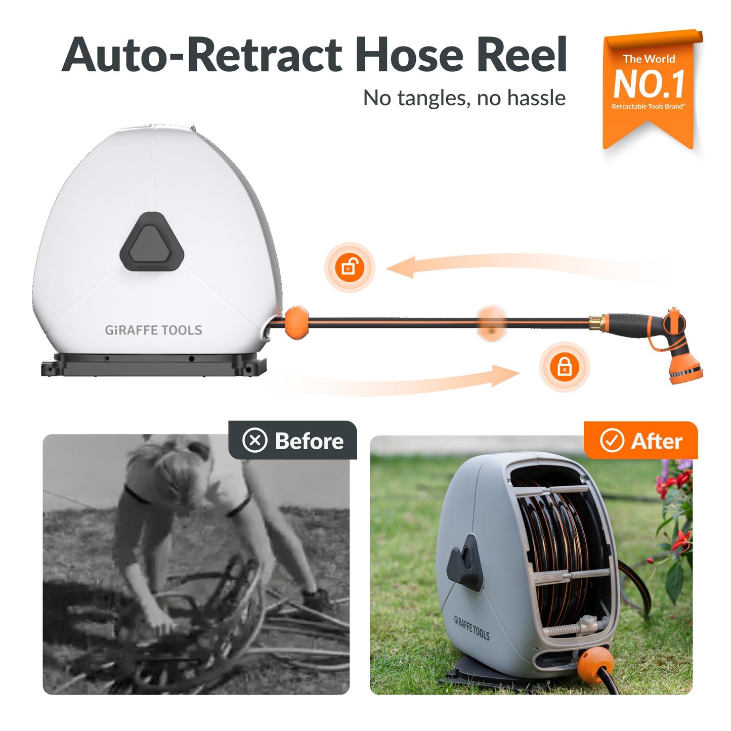 Giraffe Tools Retractable Heavy Duty Hose Reel, 1/2" x 100FT Automatic Rewind Garden Hose Reel with 360° Swivel Base, Ground Mounted for Lawn, Patio, Concrete Floor & Yard Watering
