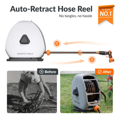 Giraffe Tools Retractable Heavy Duty Hose Reel, 1/2" x 100FT Automatic Rewind Garden Hose Reel with 360° Swivel Base, Ground Mounted for Lawn, Patio, Concrete Floor & Yard Watering