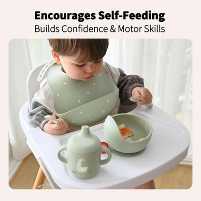 Little Rawr Baby Led Weaning Bundle, 100% Silicone Baby Feeding Set Includes Divided Plate, Suction Bowl, Straw Cup, Bib, Spoon & Fork, Develops Self Feeding Skills, Dishwasher Safe (Green)