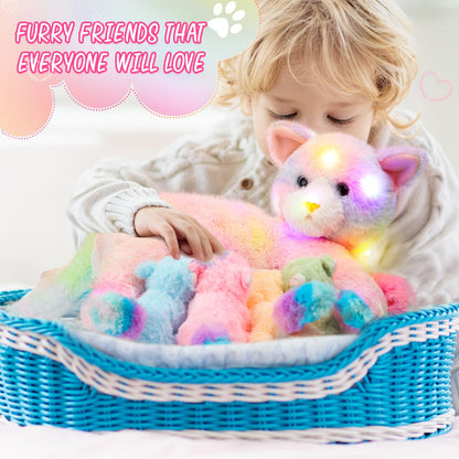 Skylety Nurturing Cat Stuffed Animal with 4 Plush Kittens, Cats Baby Stuffed for Girls Boys Plushy Mommy Kitty with Baby Kittens for Birthday Party Favors Gifts(LED Style)