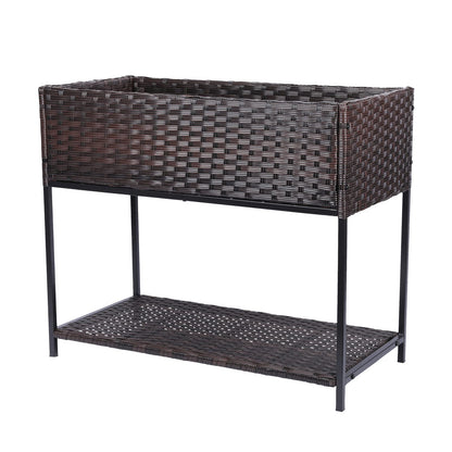 Chonsun Raised Garden Bed - 3x1.5x2.5 ft Rattan Raised Bed Wicker Elevated Raised Garden Bed with Underneath Tool Storage Rack Shelf, Outdoor Raised Flower Planter Box