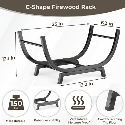 Venkuber Firewood Rack - 25 inch Outdoor Indoor Metal Firewood Holder With Thickened Trapezoid Base-Double Coated Waterproof Rustproof Fireplace Firewood Stand, Black