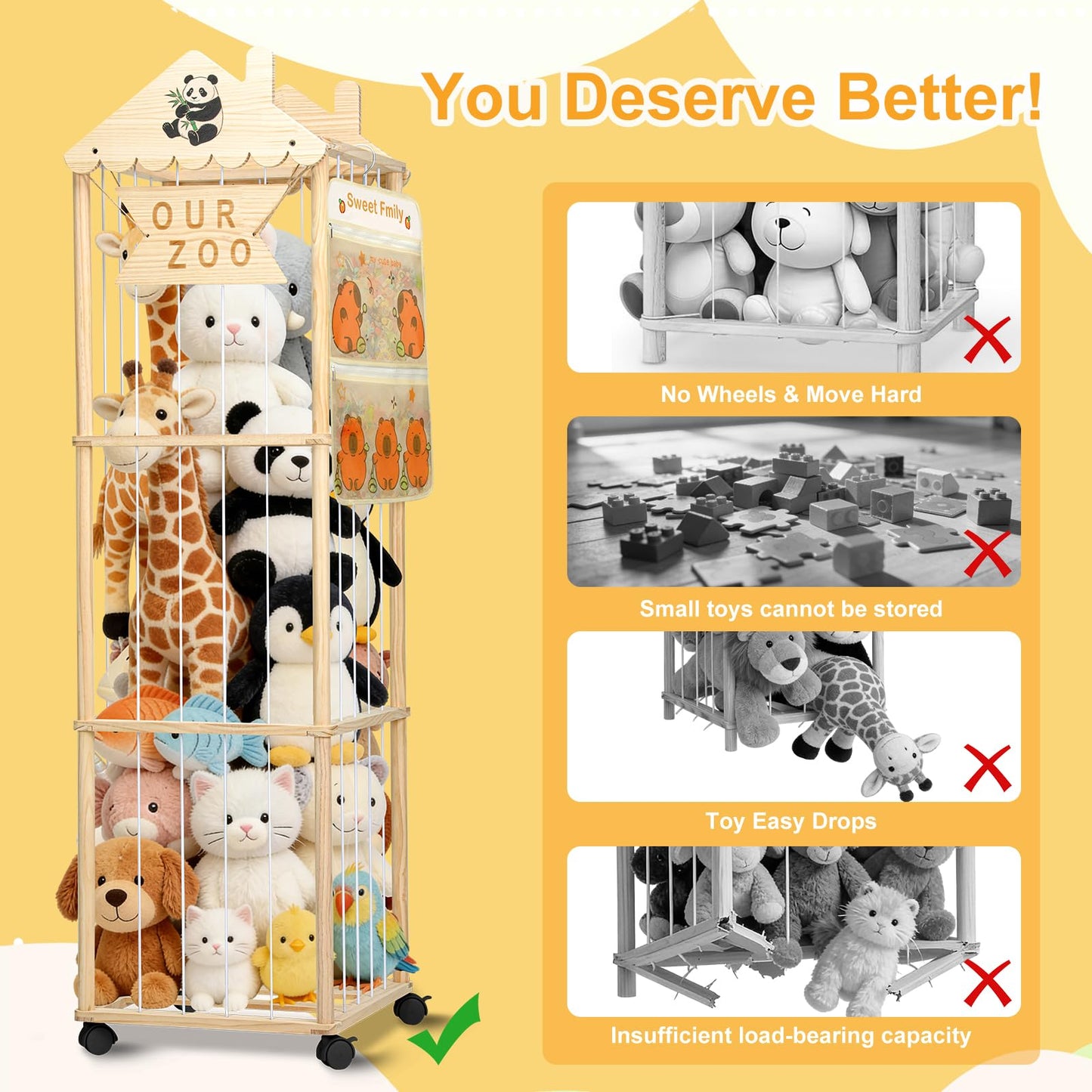 Stuffed Animal Storage, Extra Large Stuffed Animal Organizer with Wheels, Wooden Tall Animal Zoo Display Tower, Plushies Toy Holder with Lights and Pockets for Nursery, Playroom, Bedroom