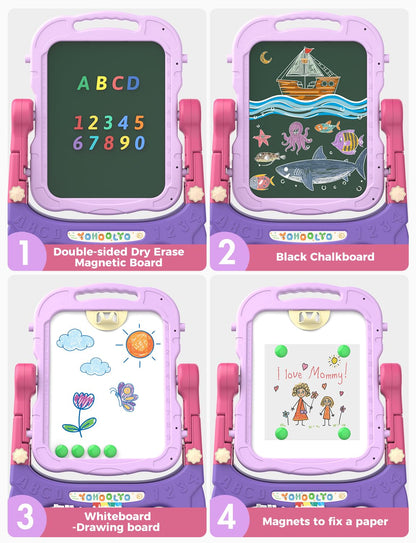 YOHOOLYO Kids Easel Standing Art Easel for Kids, Double Sided Children Pink Purple Easel Magnetic Chalkboard Whiteboard Dry Eraser Board Great Gift for Girls