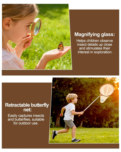 Wooden Bug Catcher Kit for Kids, Outdoor Explorer Nature Discovery Set with Butterfly Net, Bug Habitat & Magnifying Glass, Backyard Camping Outdoor Toys, Ages 3–12, Also Suitable for Toddlers