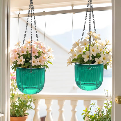 VIDELLY 2 Pack Self Watering Hanging Planters, 8.3" Plastic Hanging Flower Pots with Hooks & Drainage Holes for Indoor Outdoor Plants
