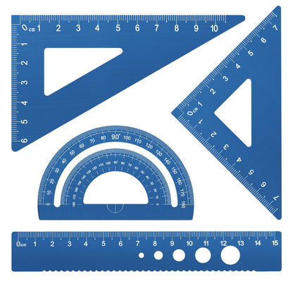 Honagu Triangular Ruler Set, 4 Pieces Aluminum Alloy Ruler, Metal Drafting Ruler, Geometric Protractor for Students, Draftsmen, Engineers, School Office Supplies (Blue)