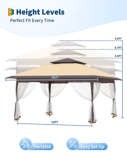Canopy Tent 13x13 ft, Pop Up Gazebo One-Push Setup with 4 SandBags for Backyard Parties and BBQs, Mosquito Netting & Height Adjustable - Khaki & Coffee