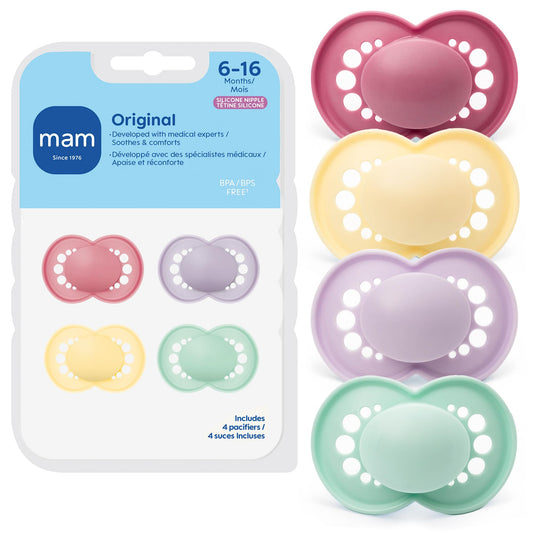 MAM Original Matte Baby Pacifiers 6-16 Months, Binky for Newborn Babies, BPA-Free Skin Soft Silicone Nipple, Easy to Clean, Developed with Medical Experts, 4 Count, Made in Europe
